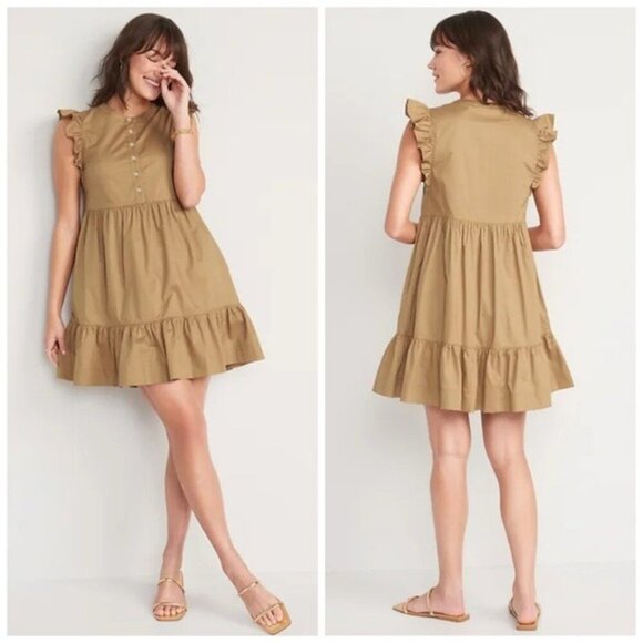 Old Navy Ruffle-Sleeve Cotton-Poplin Mini Shift Tan Dress Size 2X - Picture 1 of 12